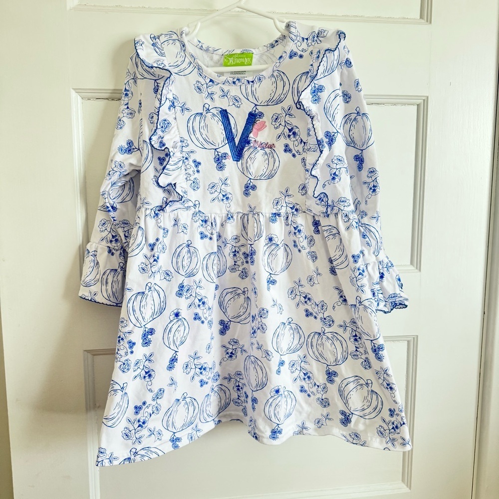 Classic Whimsy Embroidered Monogram Vivian Pumpkin Tunic Shirt Blue White Sz 10